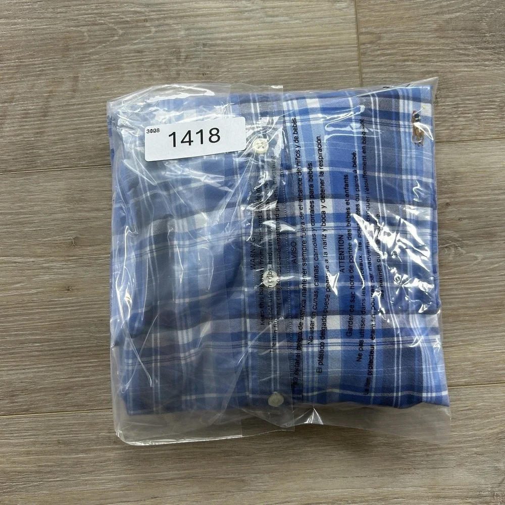 Polo Ralph Lauren Large Slim Fit Stretch Oxford Blue White Plaid Button Down